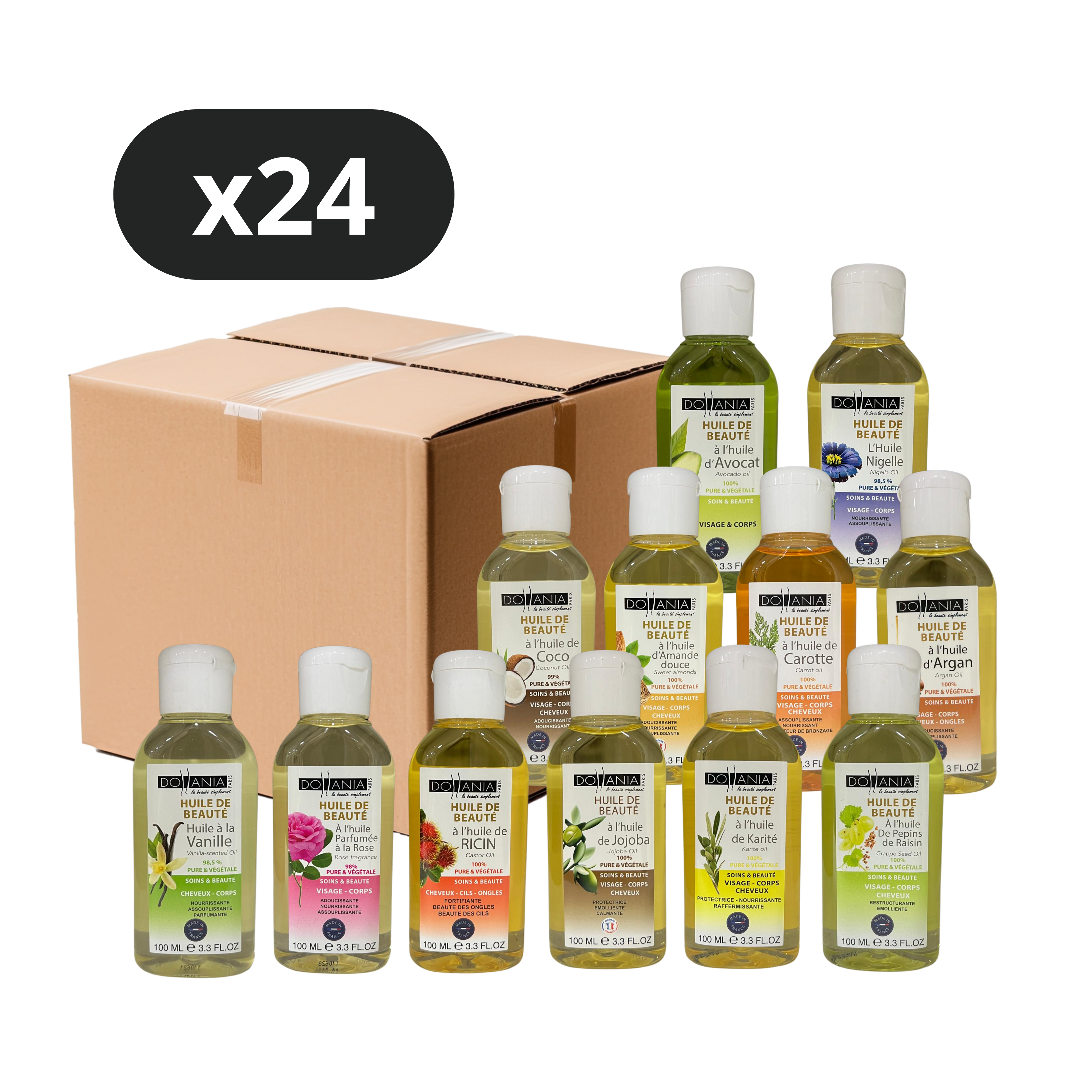 Huiles de Beauté Dollania – Panier à Composer (Lot de 24)